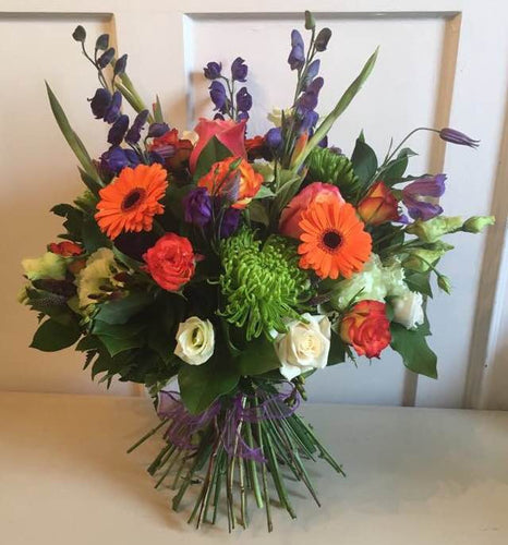 ivory Roses, Blooms Lisianthus, orange Germini, Monkshood